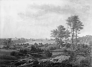 Nordsjællandsk landskab. I baggrunden den svenske kyst by J.P. Møller