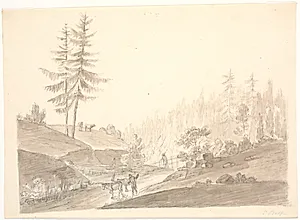 Norsk bjerglandskab med kvæg og to mænd