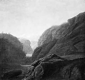 Norsk landskab med en elv og et vandfald mellem klipper by J.C. Dahl
