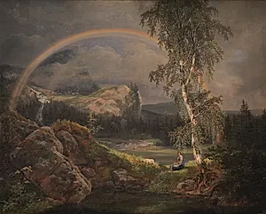 Norsk landskab med en regnbue