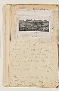Notater, fortsat fra recto. Desuden indklæbet foto med udsigt mod Urbino by J.A. Jerichau (II)