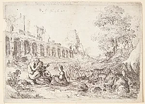 Nymfen Korsika siddende med tre satyrer by Bartholomeus Breenbergh
