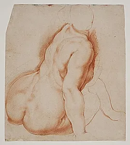 Nymfen siddende i forgrunden midtfor i "Nymfer og satyrer samler frugt" by Willem Panneels