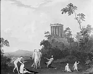 Nymfer og satyr foran tempel by Roelant Savery