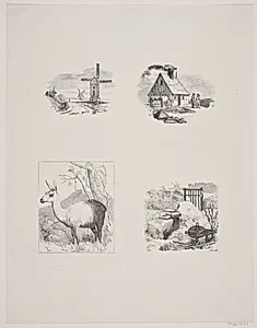 Nytryk af smedien, to stubmøller, lamaen og Helene grav by Andreas Flinch