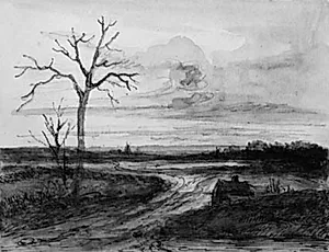Øde landskab med vej og bladløst træ by Georges Michel