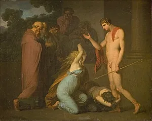 Ødipus´ døtre Ismene og Antigone bønfalder Theseus om at vise dem stedet hvor deres far er begravet by Nicolai Abildgaard