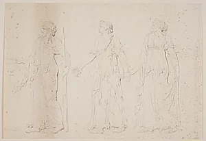Offerhandling (?) Tre gående figurer i græske gevandter. Forrest en mand bærende en amfora og en stav eller fakkel, derefter to kvinder by Jacques François Joseph Saly