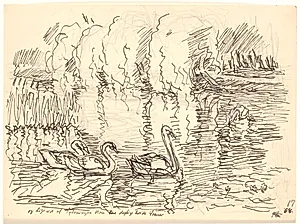 Og lige ud af Tykningen kom tre dejlige hvide Svaner by Fritz Syberg