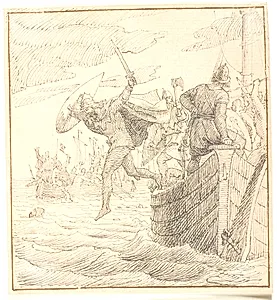 Olaf Tryggvesen springer over bord under slaget ved Svolder by Lorenz Frølich