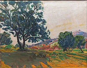 Olivenlunden. Cagnes by i baggrunden. Mod lyset