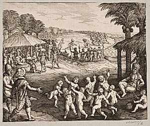 Om de vildes servering af mad, tilberedelse af drikke og om deres danse for kongen by Matthäus Merian (I)