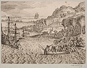 Om hollændernes landgang på den grundløse ø by Matthäus Merian (I)