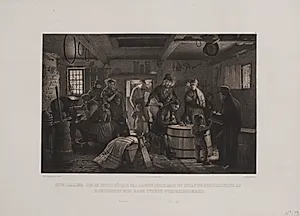 Oppe i Salling. Hos en fattig bødker på landet foretages en udpantningsforretning af sognefogden med hans tvende vurderingsmænd. by Adolph Kittendorff