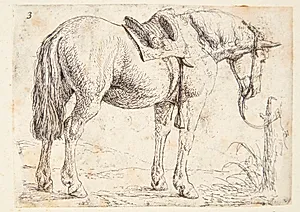Opsadlet hest, tøjret ved en pæl by Jan van Aken