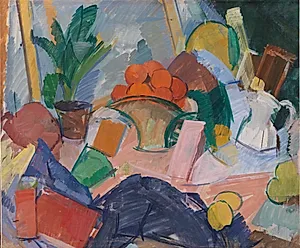 Opstilling med en blomsterkurv med appelsiner by Edvard Weie