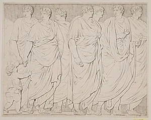 Optog med togaklædte, bekransede mænd by Jacques François Joseph Saly