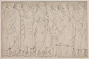 Optog med togaklædte mænd og kvinder i lange gevandter by Jacques François Joseph Saly