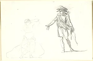 Optrin mellem to figurer. Til venstre en siddende kvinde med blottet overkrop, til højre en gående mand med bue og pilekogger by Nicolai Abildgaard