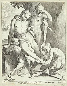Oreader fjerner en torn fra en satyrs fod by Jan Harmensz. Muller