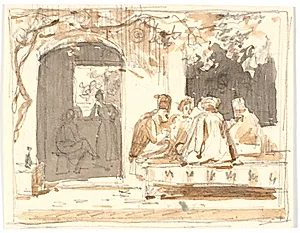 Orientalere ved et Parti Skak uden for et tyrkisk kaffehus og Barberstue by Martinus Rørbye