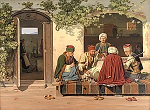 Orientalere ved et parti skak uden for et tyrkisk kaffehus og barberstue by Martinus Rørbye