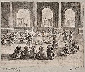 Orientalsk paladsinteriør med et selskab, der underholdes af dansere by Augustin John