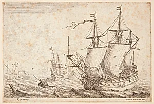 Orlogsfartøjer nær et værft by Reinier Zeeman