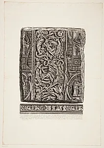 Ornamenteret fragment i sten fra Hadrians Villa i Tivoli, med arabesker og bakkanter, samt terracottafrise fra Gaetani-haverne by Giovanni Battista Piranesi