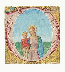 Ornamenteret initial O, hvori bl.a. indgår et dragehoved. I initialet en stående Madonna med Jesusbarnet i et landskab. Udsnit af miniaturehåndskrift by Ubekendt