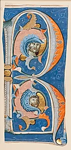 Ornamenteret initial R, hvori der er to mandshoveder i rankeværk by Ubekendt