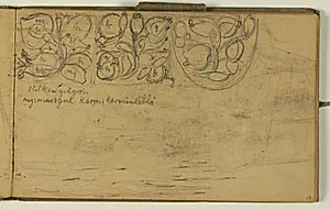 Ornamentstudier med farveangivelser. Herunder udvisket motiv by Niels Larsen Stevns