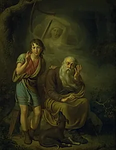 Ossian og Alpins søn hører Malvinas ånd gribe i harpens strenge. Motiv fra Ossians Svanesang
