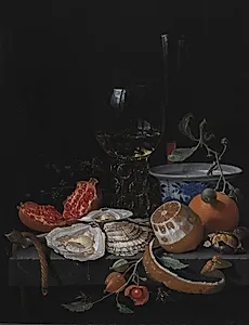 Østers, frugter og et vinglas på et stenbord by Abraham Mignon
