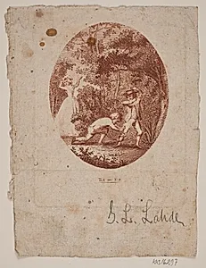 Oval vignet med to drenge og en dame i en skov by Gerhard Ludvig Lahde