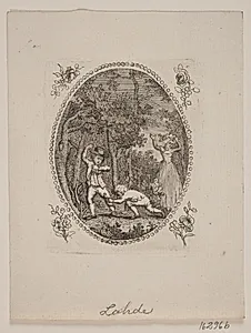 Oval vignet med to drenge og en dame i en skov by Gerhard Ludvig Lahde