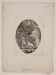 Oval vignet med to drenge og en dame i en skov by Gerhard Ludvig Lahde