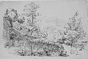Over Nemisøen. Italiensk bjerglandskab med by på en bjerghøjde by Lorenz Frølich