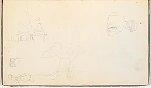 Overkroppen af en mand med hat set bagfra. Rækværk med to træer og en låge. To firkantede tårne by P.C. Skovgaard