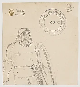Overkroppen af mandsperson med skjold og sværdskede by Poul S. Christiansen