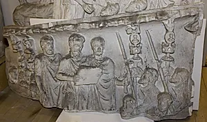 Øvre del. Marcus Aurelius taler til tropperne. Omkring ham står standartbærere og liktorer by Ubekendt
