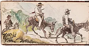 P.C. Skovgaard og A. Kittendorff, ridende på æsler i et bjerglandskab by Wilhelm Marstrand