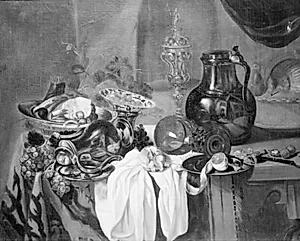 På et bord står en kande, frugter, spisevarer og andre ting by Cornelis Kruys