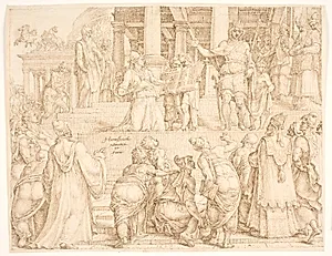 Pagtsbogen bliver læst op for Jerusalem's indbyggere by Maarten van Heemskerck