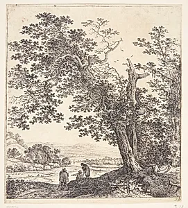 Panorama med en flod, i forgrunden et dobbeltstammet træ by Herman Saftleven