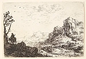 Panorama over bjergrigt landskab, i forgrunden en mand ridende på et æsel by Herman Saftleven
