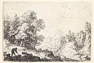 Panorama over bjergrigt landskab, i forgrunden en brændehugger by Herman Saftleven