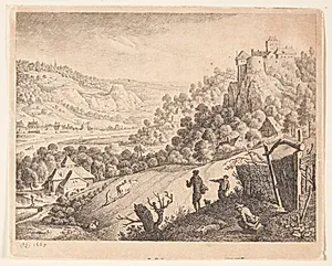 Panorama over bjergrigt landskab med en flod, i forgrunden marker by Herman Saftleven