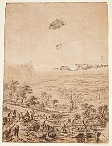 Panoramisk landskab med bønder, fiskere og en landsbykirke by Ubekendt