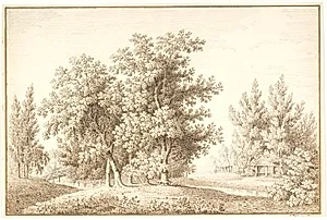 Park med vandløb og lille hytte by Anton Carl Dusch